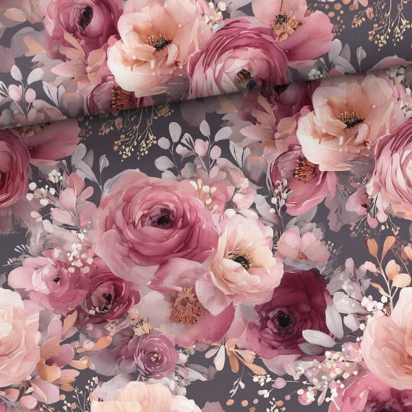 Blütentraum - anthrazit/weinrot/apricot - Allover - French Terry